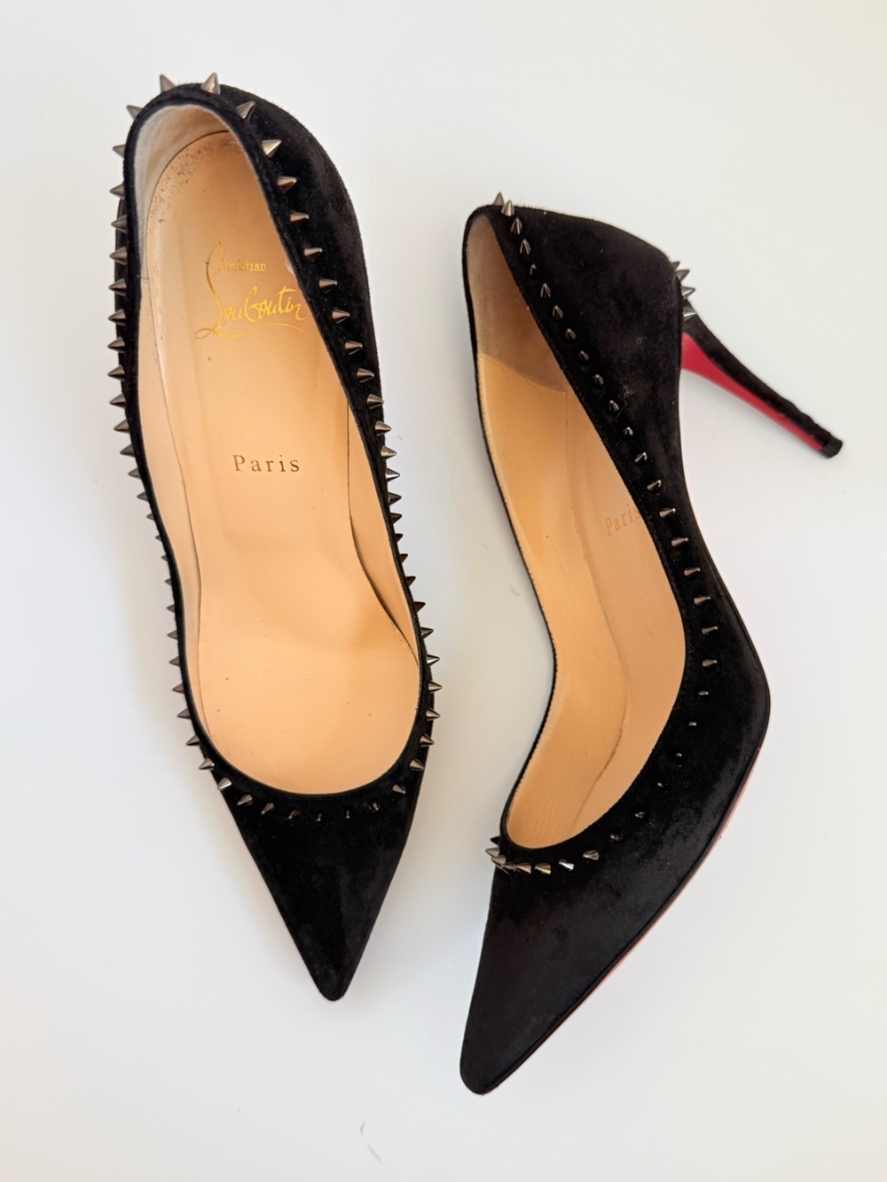 Christian Louboutin Anjalina Spikes 100 Black Suede Pumps EU 39 Studded Heels